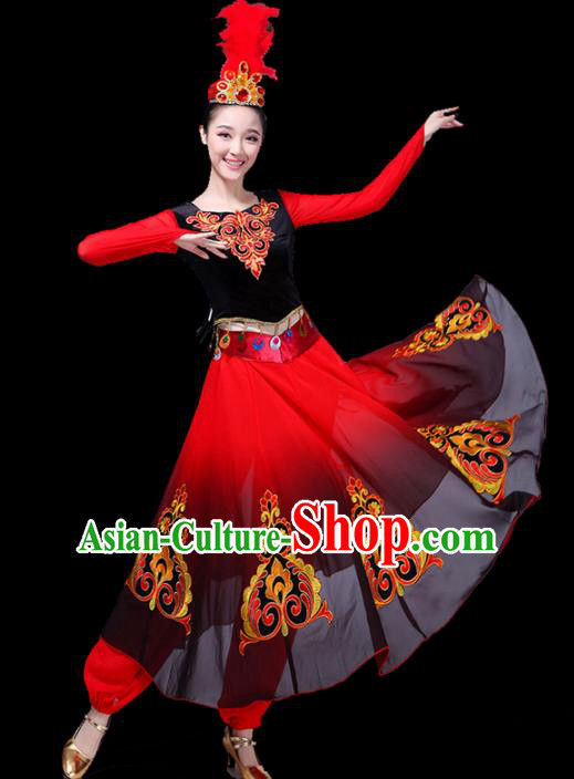 Chinese Traditional Uigurian Ethnic Costumes Uyghur Nationality Folk Dance Red Dress for Women
