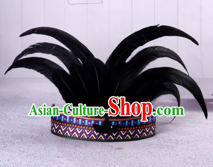 Halloween Savage Catwalks Deluxe Black Feather Headdress Cosplay Apache Knight Feather Hair Clasp for Adults