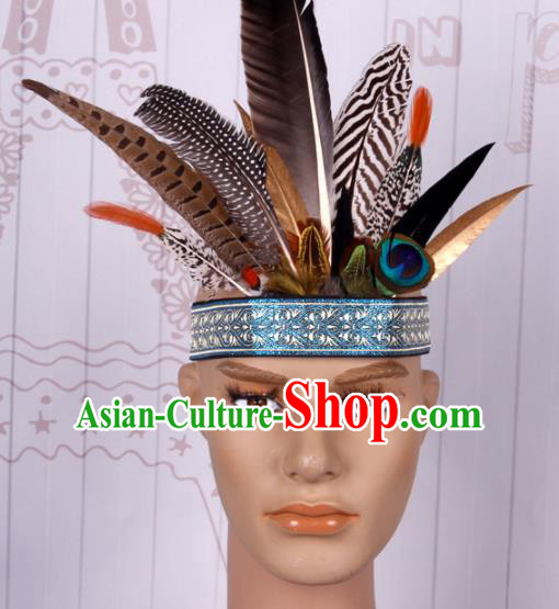 Halloween Catwalks Savage Colorful Feather Headdress Cosplay Apache Knight Feather Hair Clasp for Adults