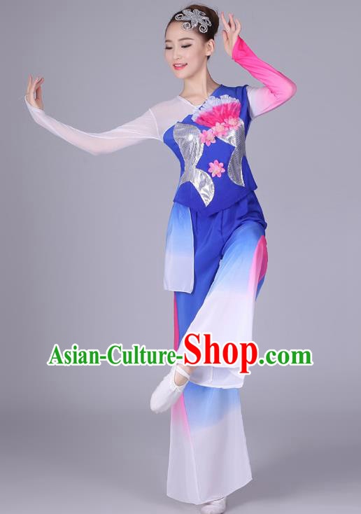 Chinese Traditional Classical Dance Costumes Folk Dance Yanko Fan Dance Royalblue Clothing for Women