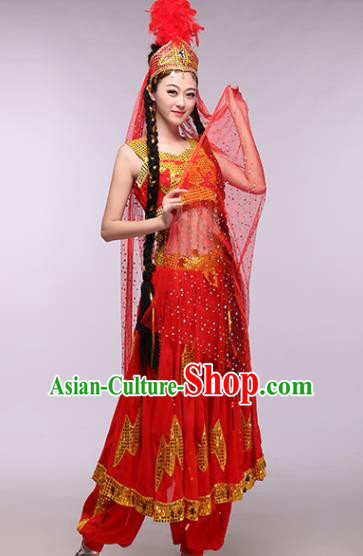 Chinese Traditional Uigurian Ethnic Costumes Uyghur Nationality Folk Dance Red Dress for Women