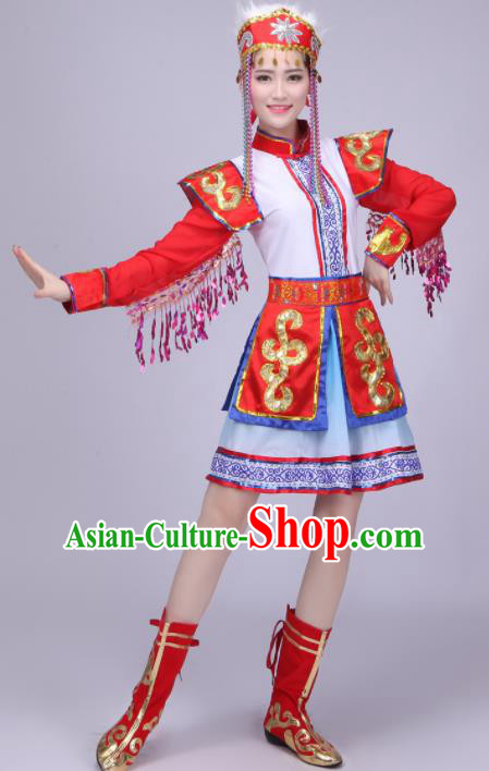 Chinese Traditional Mongolian Ethnic Costumes Mongol Nationality Folk Dance Red Dress for Women