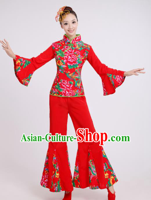 Chinese Traditional Classical Dance Costumes Folk Dance Yanko Fan Dance Red Clothing for Women