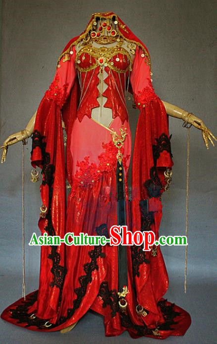 Asian Chinese Cosplay La Bayadere Red Costumes Ancient Swordswoman Dress Clothing for Women