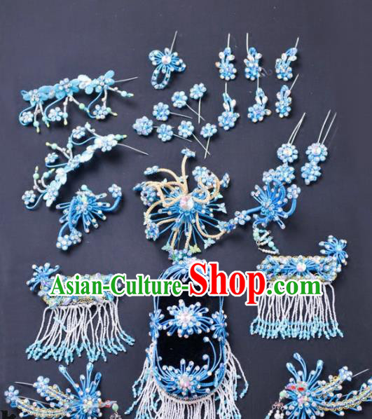 Chinese Traditional Peking Opera Diva Hair Accessories Ancient Princess Blue Hairpins Headwear for Adults