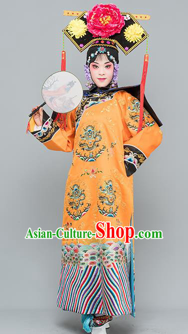 Chinese Traditional Peking Opera Diva Costumes Ancient Qing Dynasty Empress Orange Dress for Adults