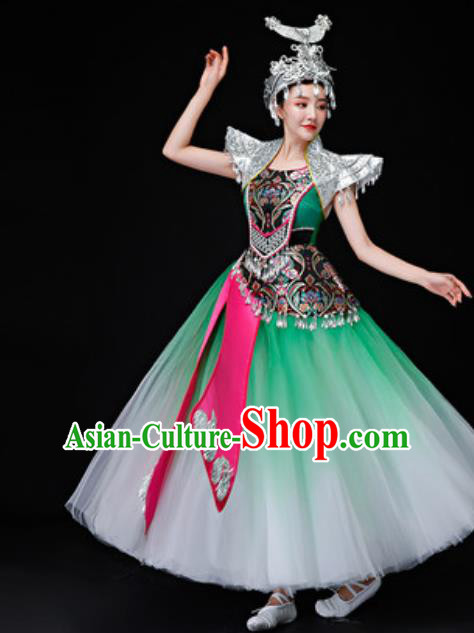 Chinese Traditional Miao Nationality Folk Dance Costumes Hmong Dance Green Dress for Women