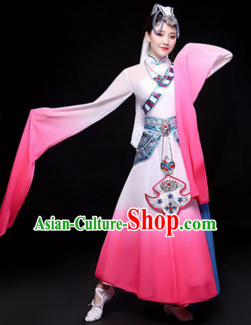 Chinese Traditional Mongol Nationality Folk Dance Costume Mongolian Minority Dance Pink Dress for Women