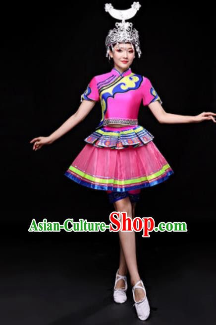 Chinese Traditional Miao Nationality Folk Dance Costume Hmong Minority Dance Rosy Dress for Women