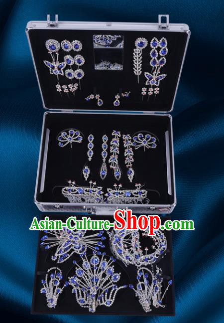 Chinese Traditional Peking Opera Princess Royalblue Crystal Hair Accessories Ancient Fairy Phoenix Hairpins for Women