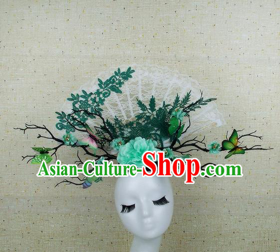 Handmade Halloween Green Peony Butterfly Hair Accessories Chinese Stage Performance Hair Clasp Headdress for Women