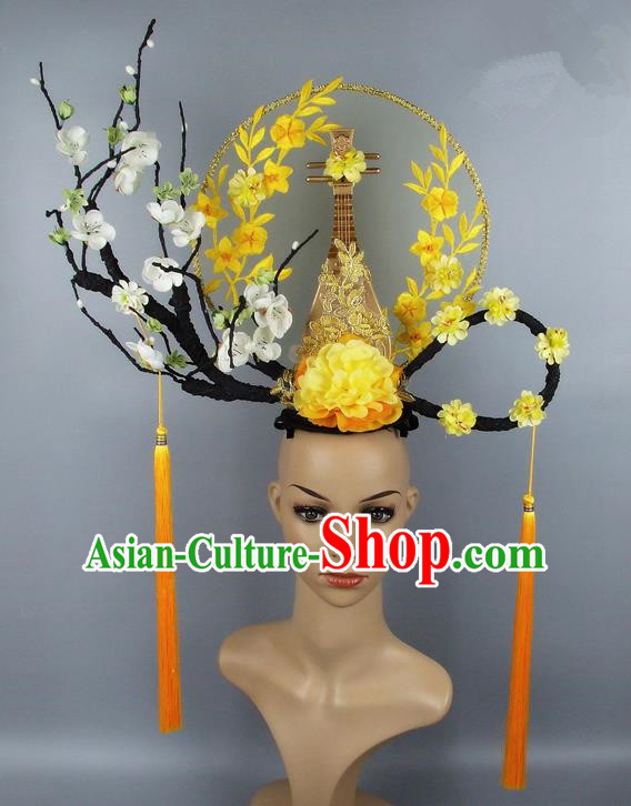 Handmade Halloween Golden Lute Hair Accessories Chinese Stage Performance Hair Clasp Headdress for Women
