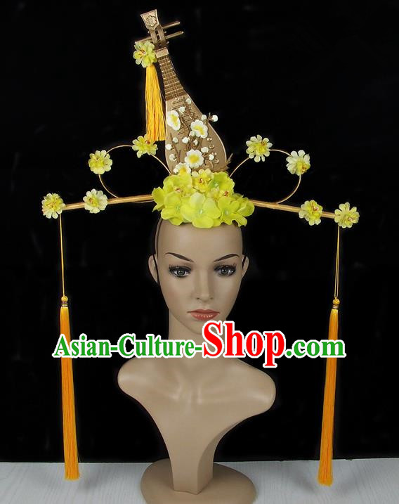 Handmade Halloween Golden Lute Flowers Hair Accessories Chinese Stage Performance Hair Clasp Headdress for Women