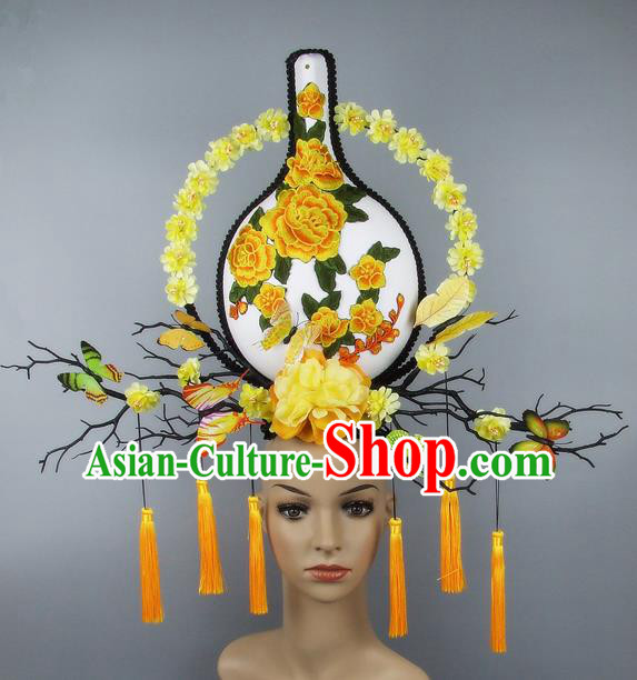 Handmade Halloween Yellow Peony Vase Hair Accessories Chinese Stage Performance Hair Clasp Headdress for Women