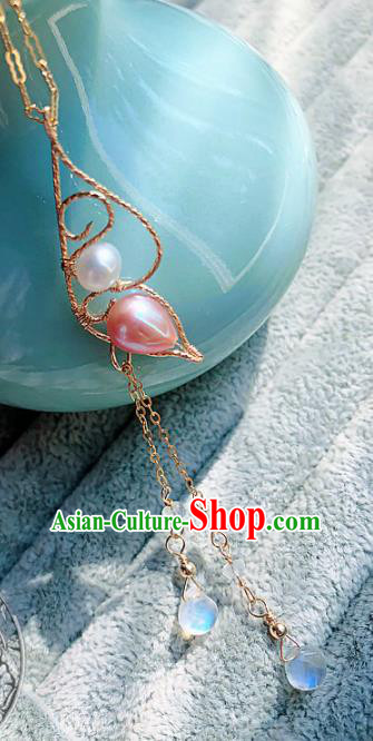 Chinese Traditional Handmade Wedding Necklace Ancient Hanfu Pink Pearl Necklet for Women