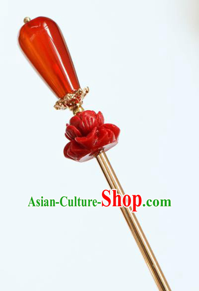 Chinese Traditional Handmade Red Lotus Hair Clip Hair Accessories Ancient Agate Hairpins for Women