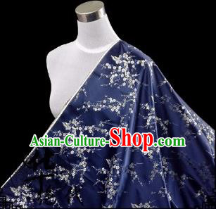 Asian Chinese Traditional Fabric Navy Satin Brocade Silk Material Classical Plum Blossom Pattern Design Satin Drapery
