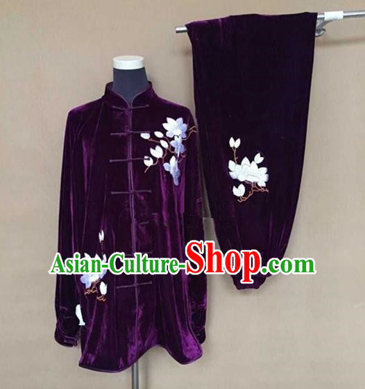 Chinese Traditional Kung Fu Martial Arts Purple Velvet Costumes Tai Chi Training Clothing for Women