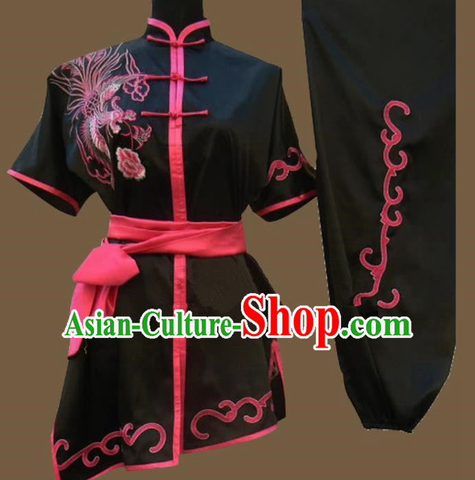 Chinese Traditional Kung Fu Martial Arts Embroidered Phoenix Black Costumes Tai Chi Training Clothing for Women