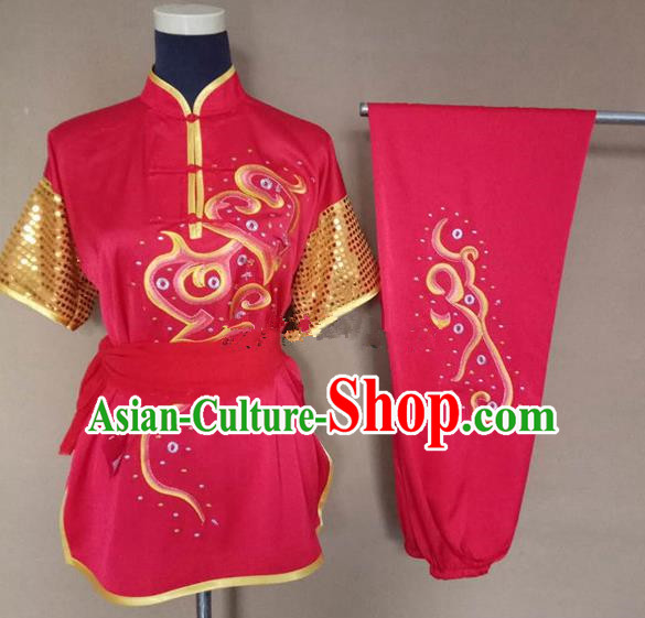 Chinese Traditional Martial Arts Embroidered Red Costumes Tai Chi Tai Ji Training Clothing for Adults