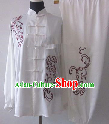 Chinese Traditional Martial Arts White Costumes Tai Chi Kung Fu Training Embroidered Clothing for Adults