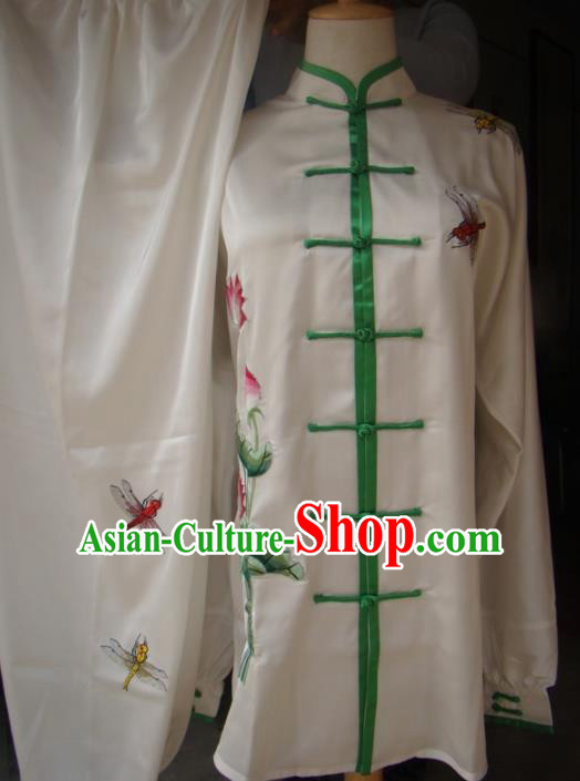 Chinese Traditional Kung Fu Embroidered Lotus Silk Costumes Martial Arts Tai Chi Training Clothing for Women