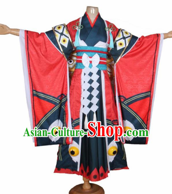 Asian Japanese Traditional Cosplay Yokime Costumes Ancient Red Furisode Kimono Yukata Clothing for Women