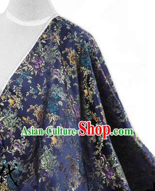 Asian Chinese Traditional Tang Suit Fabric Navy Brocade Silk Material Classical Peony Pattern Design Drapery