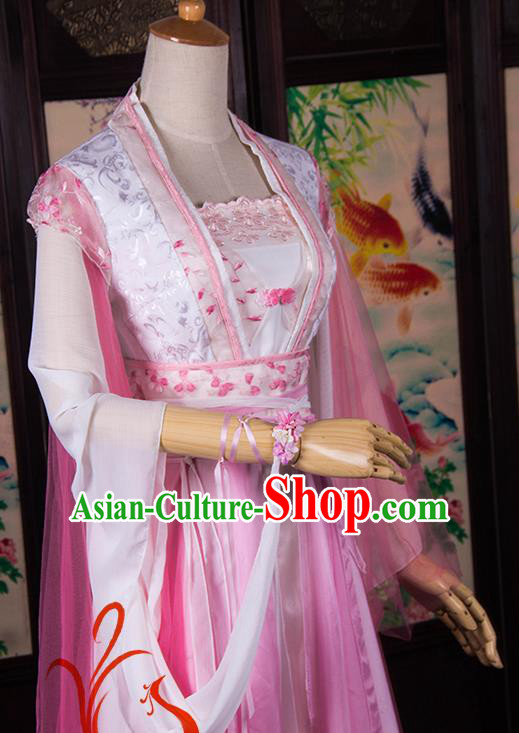 Traditional Chinese Cosplay Peri Princess Costumes Ancient Swordswoman Pink Hanfu Dress for Women