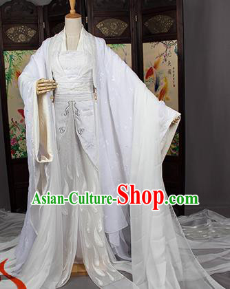 Chinese Traditional Cosplay Swordswoman Costumes Ancient Fairy Peri White Hanfu Dress for Women