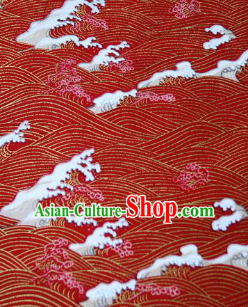 Asian Japanese Traditional Kimono Red Brocade Fabric Silk Material Classical Wave Pattern Design Drapery