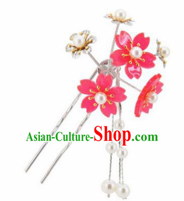 Japanese Traditional Kimono Hair Accessories Ancient Yukata Peach Pink Cherry Blossom Tassel Hairpins for Women