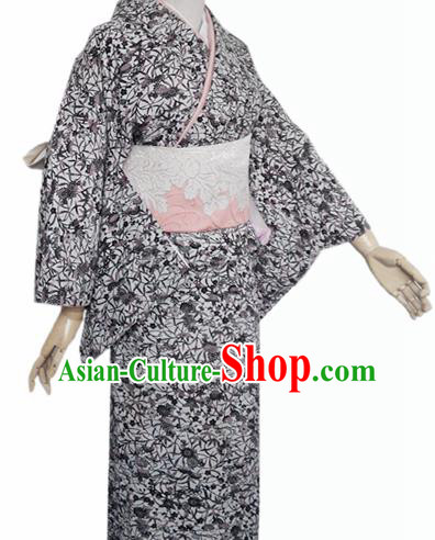 Japanese Traditional Courtesan Furisode Kimono Costumes Ancient Cosplay Grey Yukata Clothing for Women