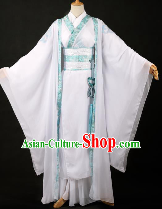 Traditional Chinese Cosplay Swordsman White Hanfu Clothing Ancient Nobility Childe Costume for Men