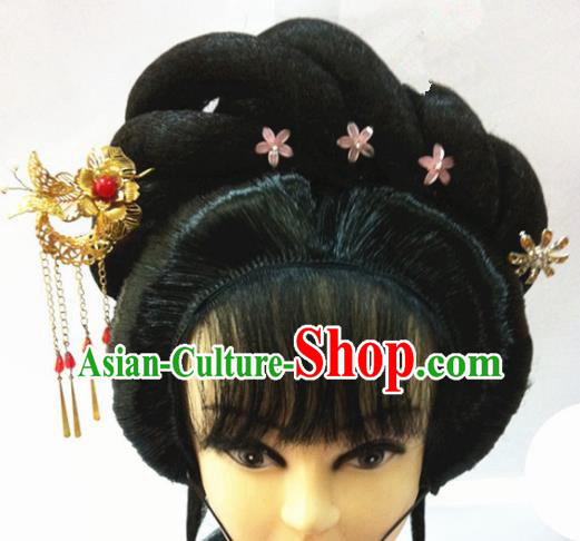 Chinese Traditional Ancient Beijing Opera Actress Wigs Sheath and Hairpins Complete Set for Women