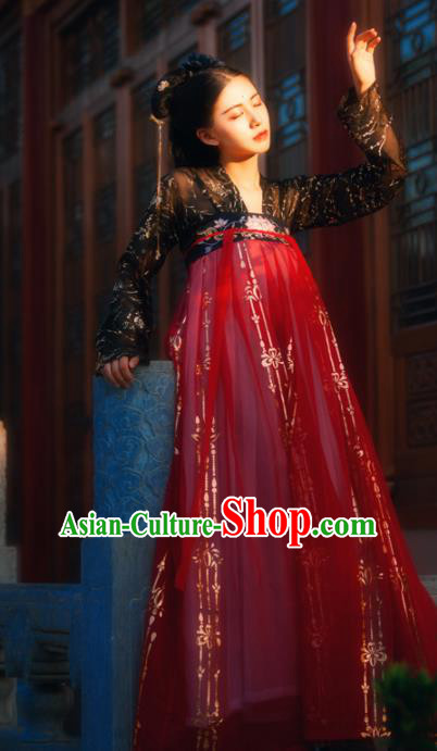Chinese Ancient Tang Dynasty Royal Princess Embroidered Costumes Red Hanfu Dress for Women