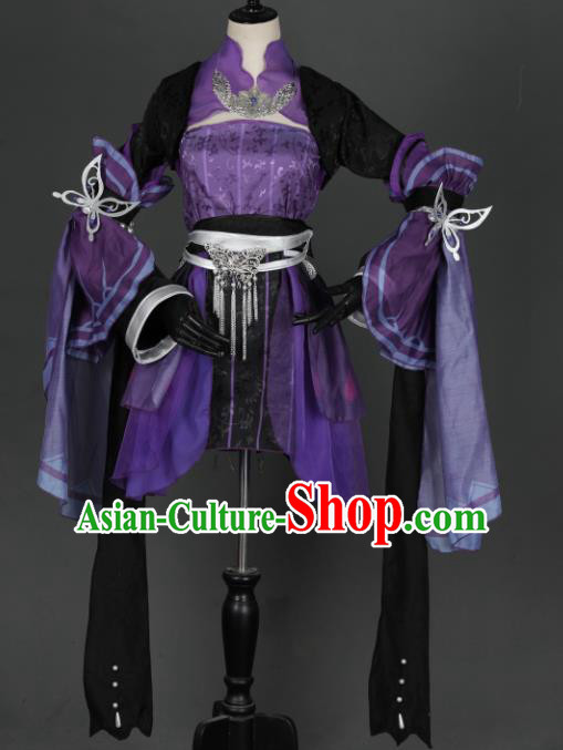Traditional Chinese Cosplay Female Swordsman Purple Hanfu Dress Ancient Heroine Costume for Women
