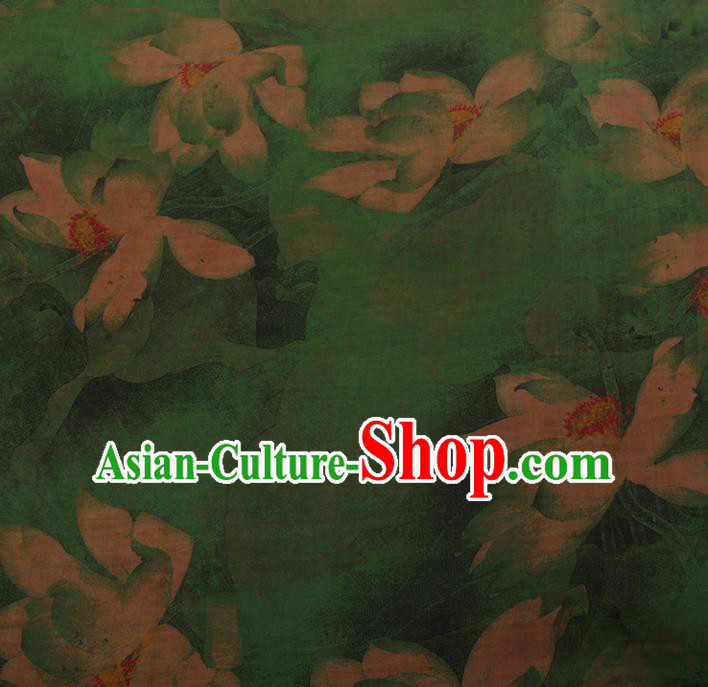Chinese Classical Green Satin Plain Cheongsam Drapery Silk Fabric Traditional Lotus Pattern Gambiered Guangdong Gauze