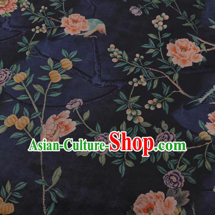 Chinese Classical Navy Satin Plain Cheongsam Drapery Silk Fabric Traditional Pattern Gambiered Guangdong Gauze