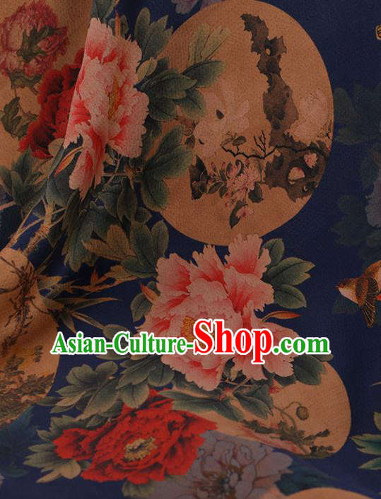 Chinese Traditional Cheongsam Drapery Blue Silk Fabric Palace Peony Pattern Satin Plain Gambiered Guangdong Gauze