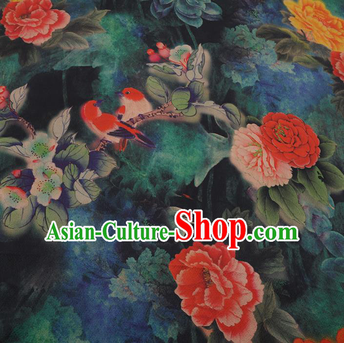 Chinese Traditional Cheongsam Drapery Blue Silk Fabric Palace Peony Birds Pattern Satin Plain Gambiered Guangdong Gauze