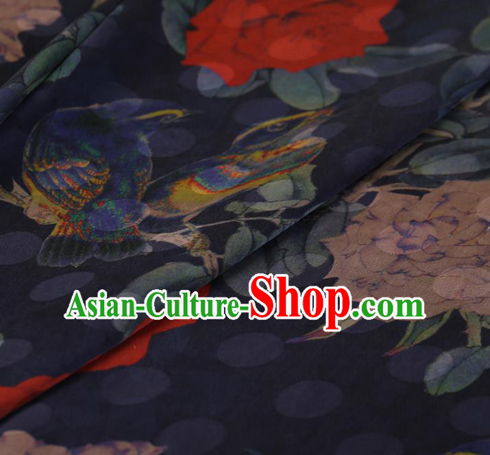 Chinese Traditional Navy Silk Fabric Classical Peony Pattern Satin Plain Cheongsam Drapery Gambiered Guangdong Gauze