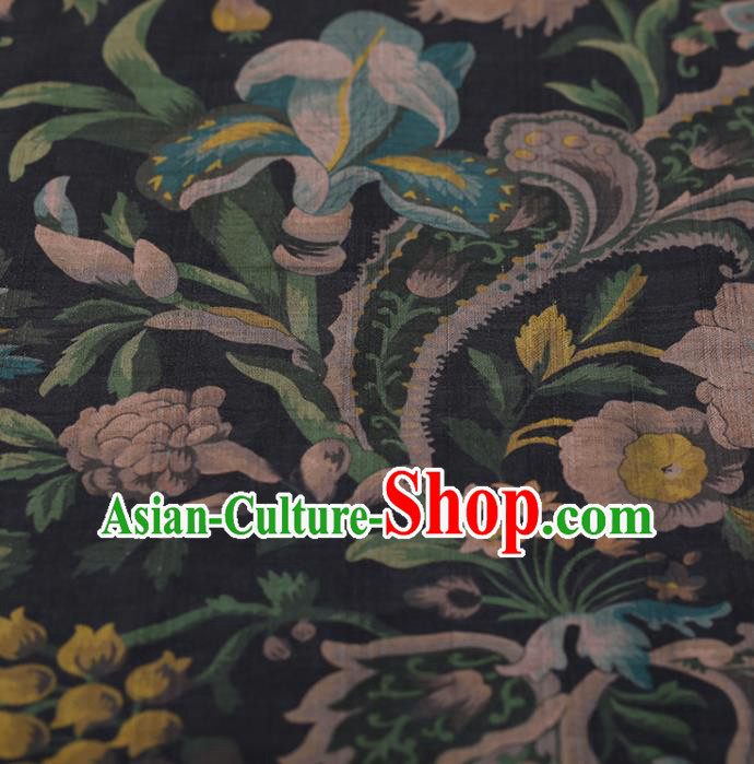 Chinese Traditional Black Silk Fabric Classical Flowers Pattern Satin Plain Cheongsam Drapery Gambiered Guangdong Gauze