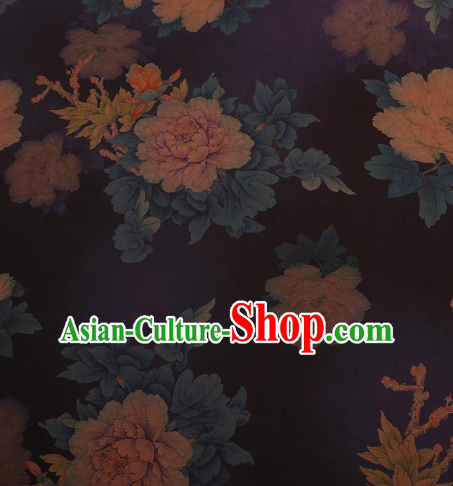 Chinese Classical Navy Silk Fabric Satin Plain Traditional Peony Pattern Cheongsam Drapery Gambiered Guangdong Gauze