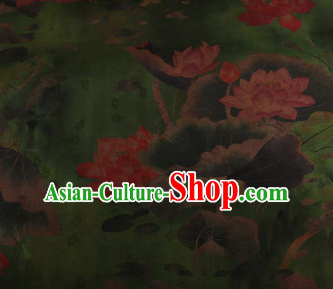 Chinese Traditional Silk Fabric Classical Lotus Pattern Green Satin Plain Cheongsam Drapery Gambiered Guangdong Gauze