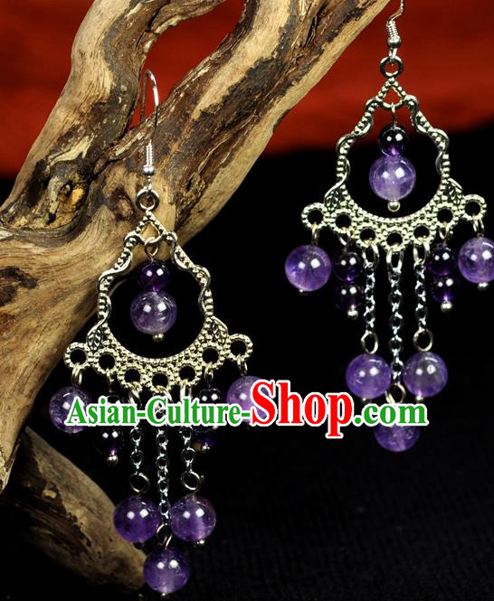Chinese Traditional Jewelry Accessories Ancient Hanfu Purple Beads Earrings for Women