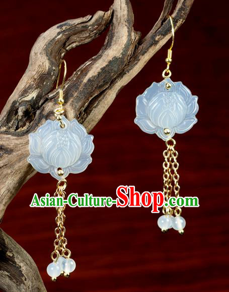Chinese Traditional Jewelry Accessories Ancient Hanfu Jade Carving Lotus Earrings for Women
