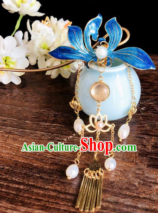 Chinese Classical Hair Accessories Traditional Ancient Hanfu Blueing Lotus Hairpins for Women