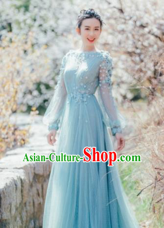 Top Performance Catwalks Costumes Blue Flowers Fairy Dress Full Dress for Women