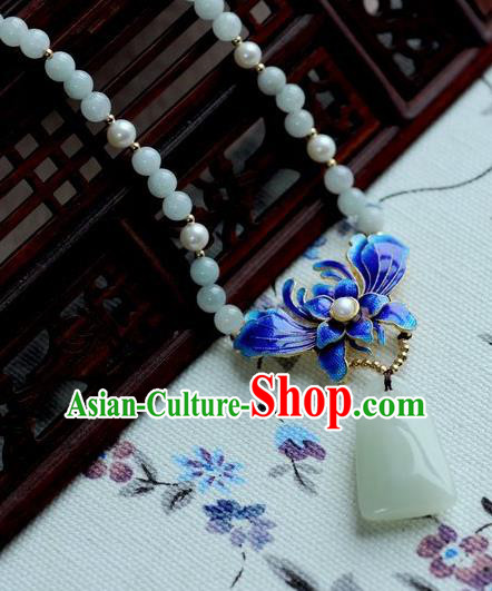 Chinese Traditional Jewelry Accessories Ancient Hanfu Blueing Orchid Jade Necklace for Women